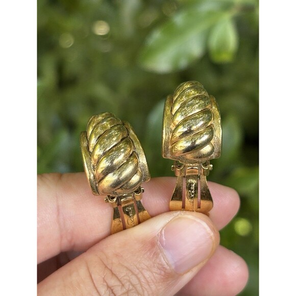 Vintage Oscar de la Renta Gold Rope Twist Clip On Earrings Signed Classic 1980s - Picture 6 of 8